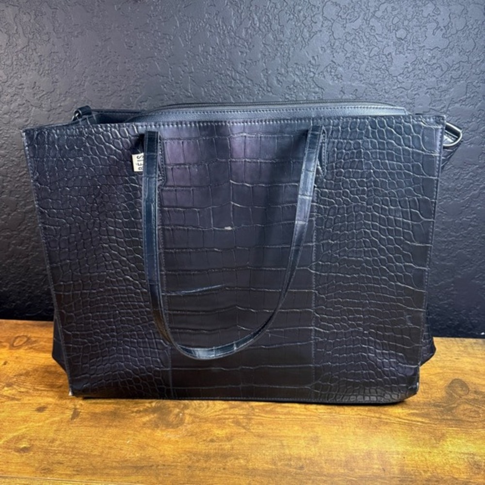 BEIS The Work Tote Black Croco Embossed Vegan Leather Laptop Bag Womens Large